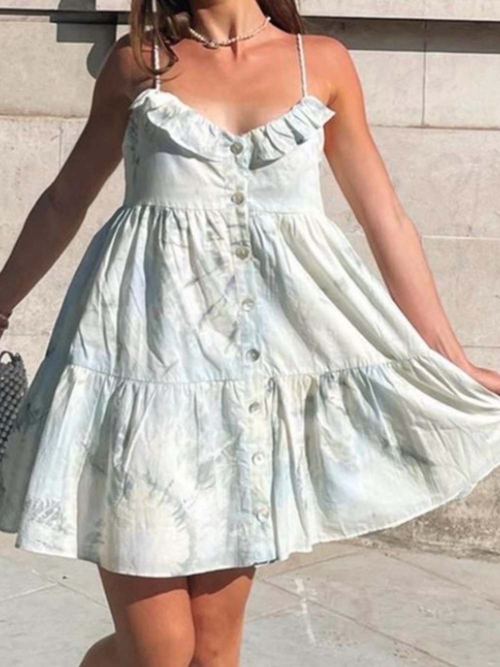 Zara Pale Aqua Tie-Dye Ruffle-Trim Mini Dress
